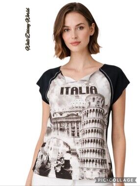 Walt Disney World Italia t-shirt top blk white brown Italy scene ss sz xlrg